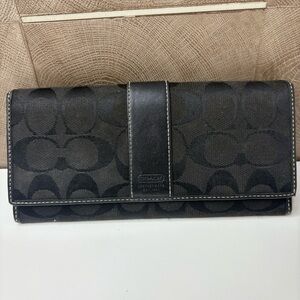 Coach Black Signature Canvas Jacquard & Leather Top Stitch Snap Flap Long Wallet